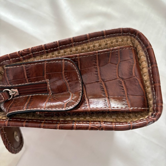 Vintage Leather & Woven Straw Satchel Handbag Croc Trim Engraved Hardware - Picture 4 of 7